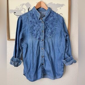 Embroidered cotton blue denim button up shirt